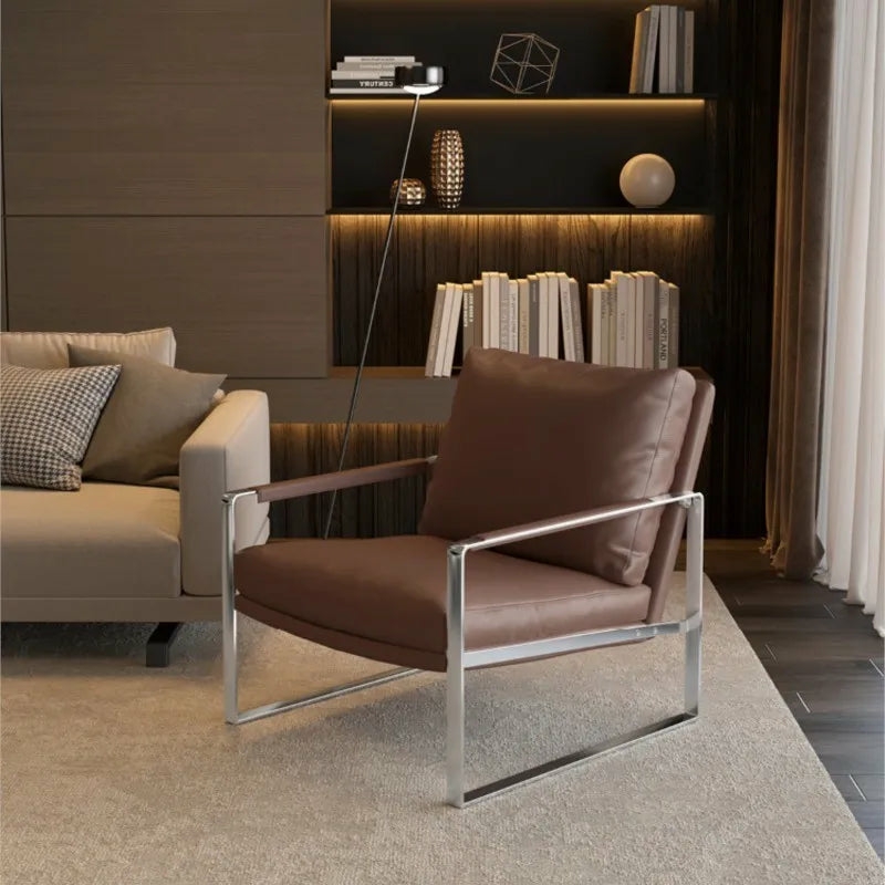 Furniture | Modern Brown Leather Accent Chair With Metal Frame Furniture A--sponge