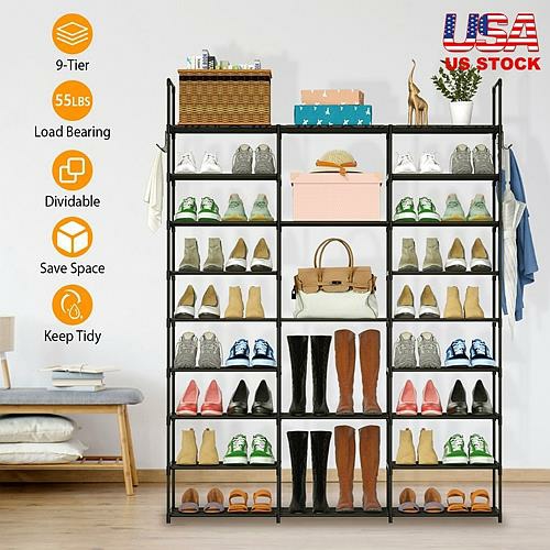 Storage And Organization | 9 Tiers Shoe Rack Metal Shoe Storage Shelf Standing Large Shoe Stand 50-55 Pairs Shoe Tower Unit Tall Shoe Organizer With 2 Hooks For Entryway Housewares Storage And Organization