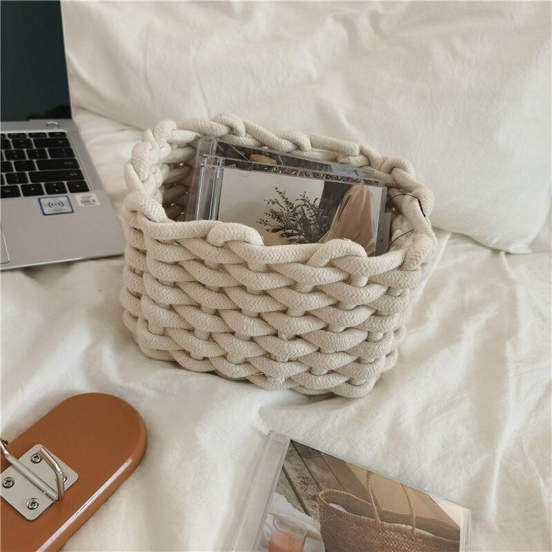 Storage And Organization | Cotton Rope Woven Small Storage Basket White Kitchen Folding Picnic Baskets Housewares Storage And Organization