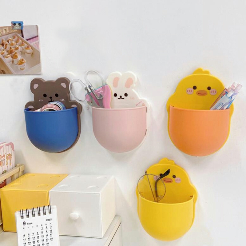 Storage And Organization | Cute Cartoon Pen Holder Self Adhesive Storage Rack Desk Organizer Kawaii Stationery Mobile Phone Cosmetics Brushes Holder Office Housewares bear