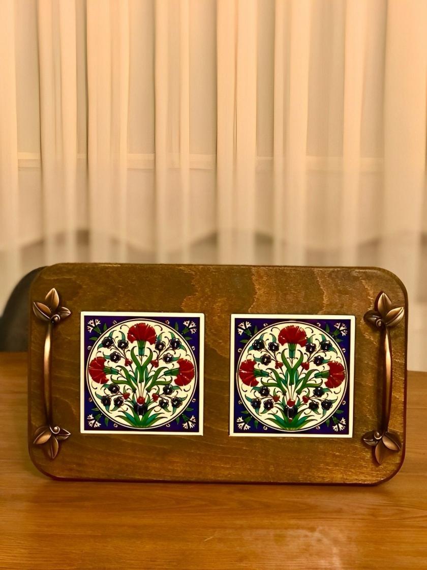 Storage And Organization | Glazed Ceramic Wooden Tray Turkish Iznik Handmade Design Pattern-Ottoman Style Art Ceramic | Coffee Table Tray Hand Painted |Home Decor Housewares Storage And Organization