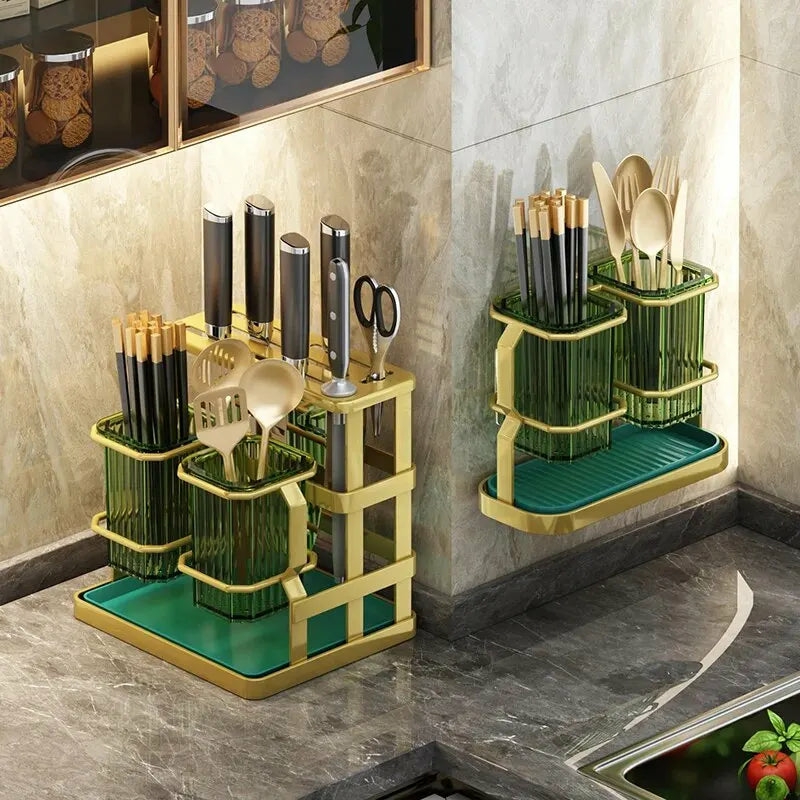 Storage And Organization | Multi-Functional Kitchen Utensil And Knife Holder Housewares Green Frame Gold Cup