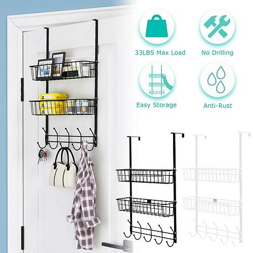 Storage And Organization | Over The Door Hooks Organizer Door Towel Rack Hanger 5 Hooks With 2 Metal Baskets For Bathroom Bedroom Kitchen Storage Shelf Housewares Storage And Organization