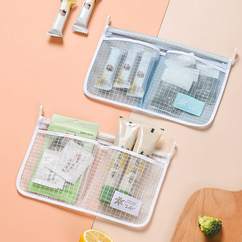 Storage And Organization | Refrigerator Storage Mesh Bag Portable Seasoning Food Snacks Net Bag Double Compartment Hanging Bag Housewares blue