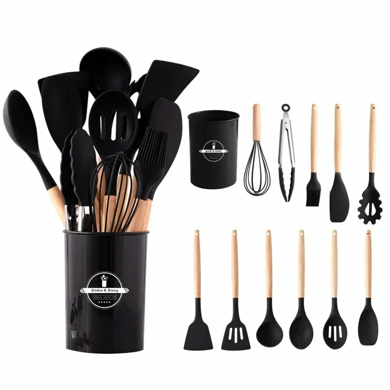 Tableware And Kitchenware | 14-Piece Silicone Kitchen Utensil Set With Holder Housewares Black 12 piece set