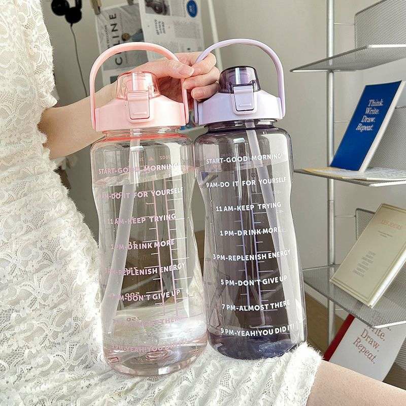 Tableware And Kitchenware | 2L Water Bottle With Straw Large Capacity Sports Water Bottle Bpa Portable Drinking Bottles With Time Marker Housewares Black