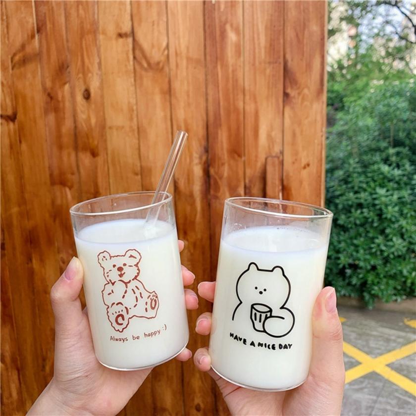 Tableware And Kitchenware | 300Ml Cute Bear Transparent Glass Cup With Straw Housewares Tableware And Kitchenware