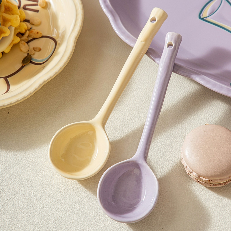 Tableware And Kitchenware | Creative Cartoon Ceramic Small Soup Spoon, Stoneware Spoon, Long Handle Spoon, Household Rice Spoon Kitchen Tableware Housewares Purple