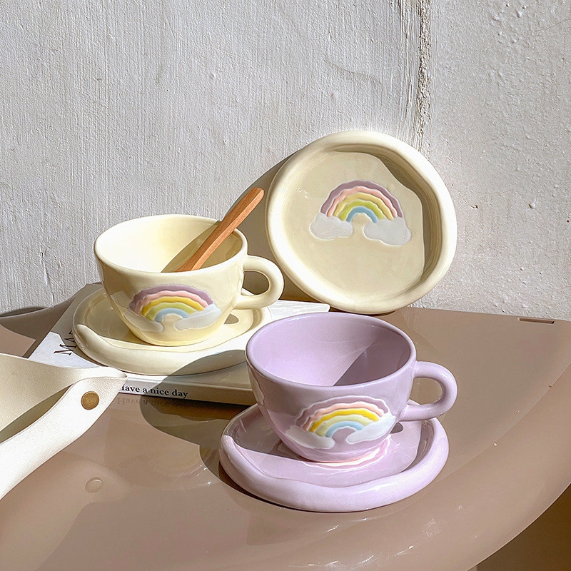 Tableware And Kitchenware | Cute Ceramic Mug For Coffee With Tray Saucer Hand Painted Rainbow Pattern Korean Style Cup Housewares Purple