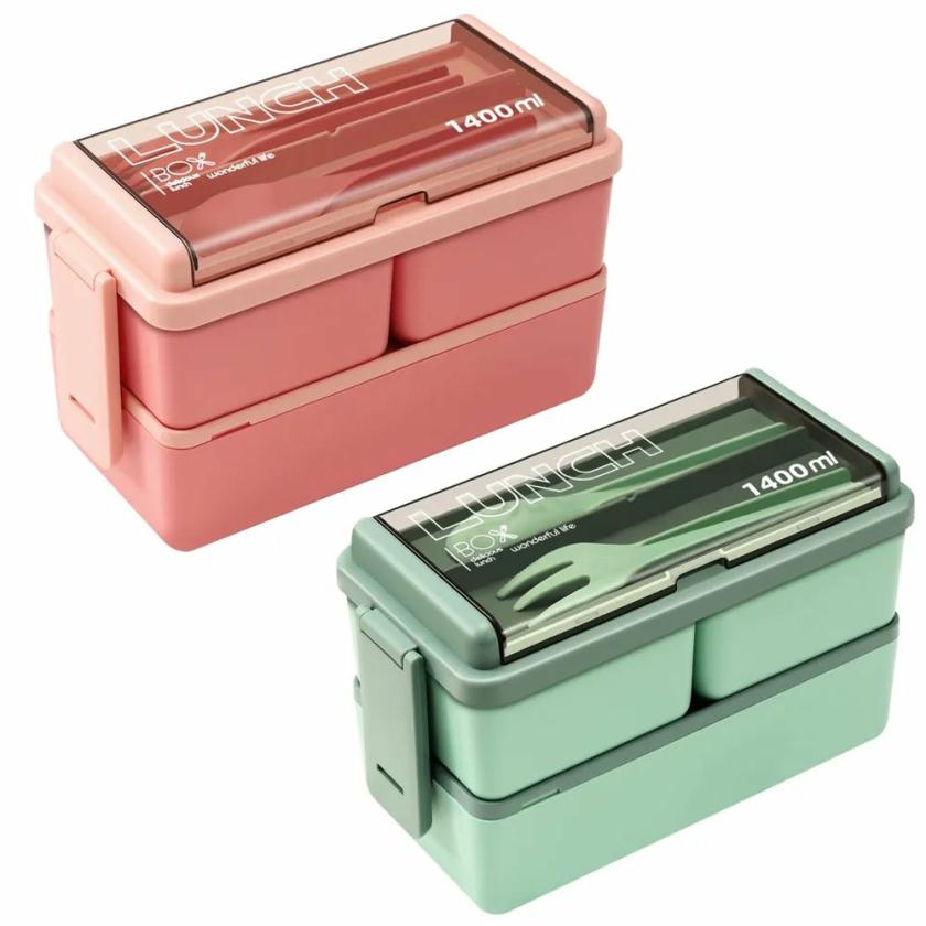 Tableware And Kitchenware | Dual-Layer 1400Ml Lunch Box With Utensils Included Housewares 1400ml Green