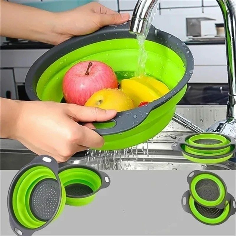 Tableware And Kitchenware | Green Silicone Round Folding Vegetable Fruits Washing Drain Basket Colander Strainer Housewares Tableware And Kitchenware