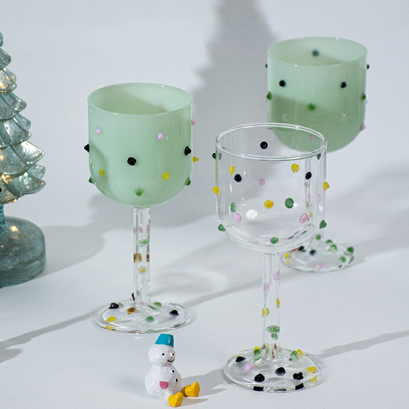 Tableware And Kitchenware | Hand Made Goblet Glass Cup With Colorful Candy Dots Cocktail Glass Juice Dessert Water Cup Wine Glass Drinkware Heat Resistant Housewares Green