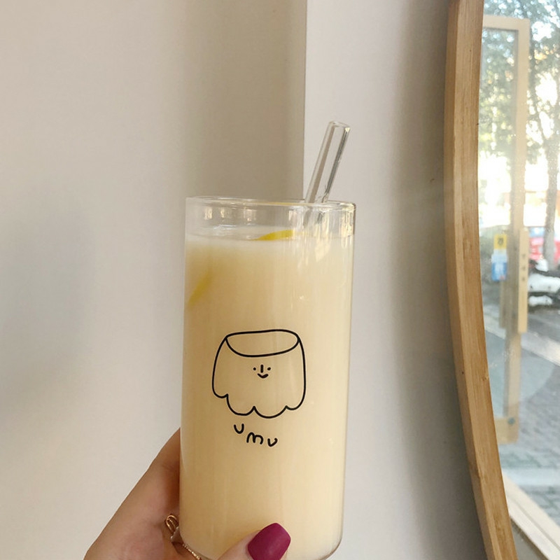 Tableware And Kitchenware | Ins Korean Style Cartoon Glass Cup With Straw Transparent Coffee Milk Tea Mug Housewares Tableware And Kitchenware