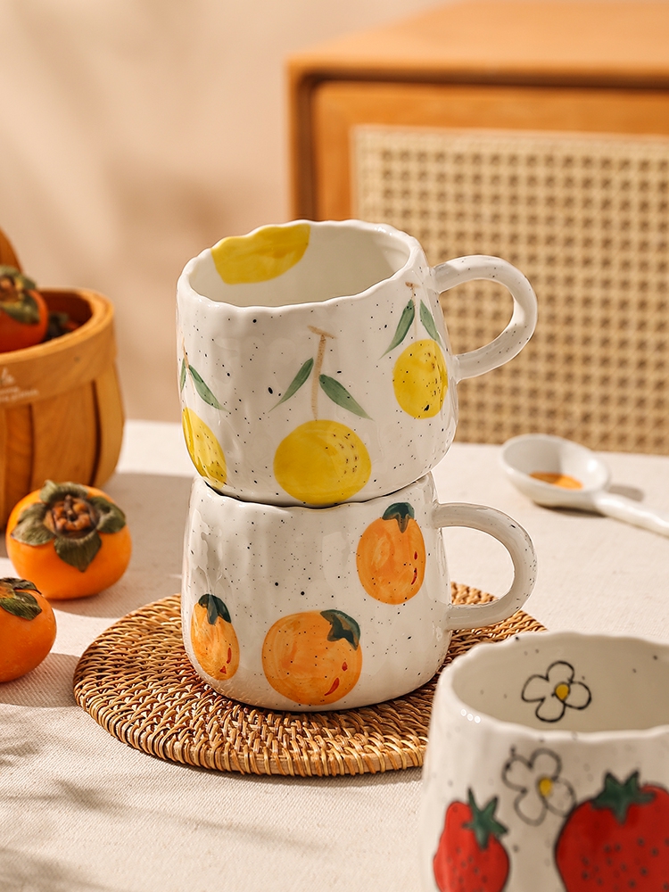 Tableware And Kitchenware | Japanese Ceramic Mugs Coffee Cups Ins Fresh Fruit Printed Milk Tea Cup Home Kitchen Drinkware Irregular Hand Pinched Mug Housewares Orange