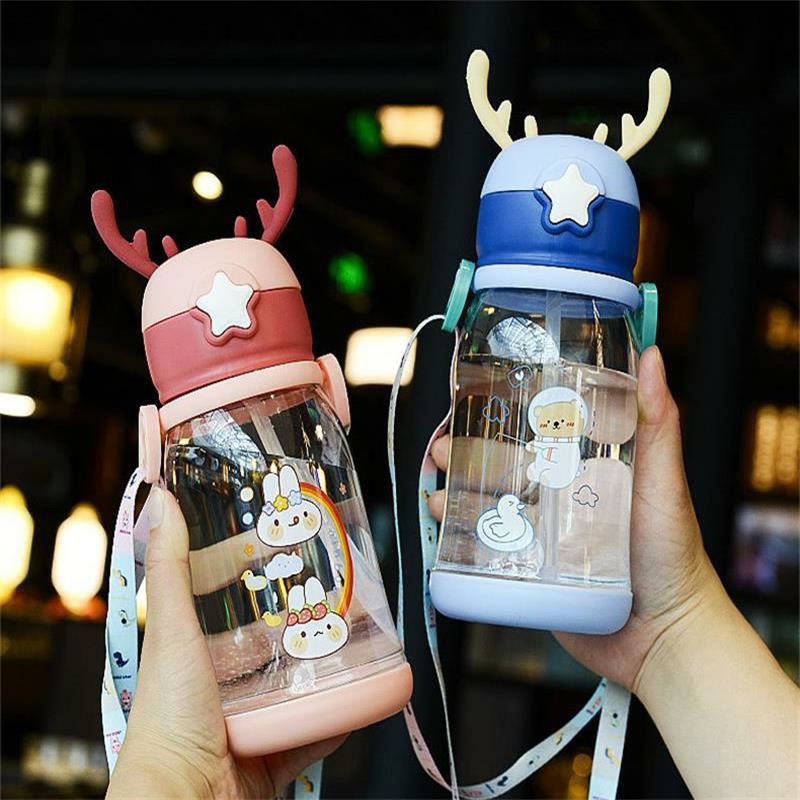 Tableware And Kitchenware | Kids Water Sippy Cup Antler Creative Cartoon Baby Feeding Cups With Straws Leakproof Water Bottles Outdoor Childrens Cup Housewares blue