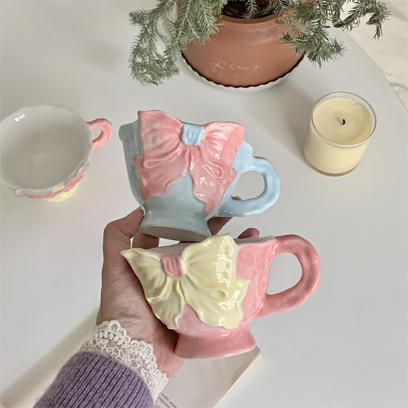 Tableware And Kitchenware | Korean Hand-Painted Three-Dimensional Bow Ceramic Mug Cute Girl Heart Coffee Cup Ins Niche High Beauty Teacup Water Milk Cups Housewares Black