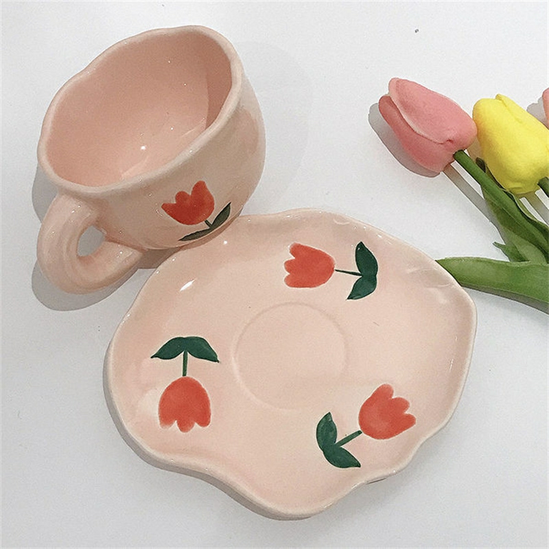 Tableware And Kitchenware | Korean Ins Style Pink Girl Heart Tulip Coffee Cup Dish Set High Beauty Ceramic Mug Afternoon Tea Cup Dim Sum Dish Housewares Tableware And Kitchenware