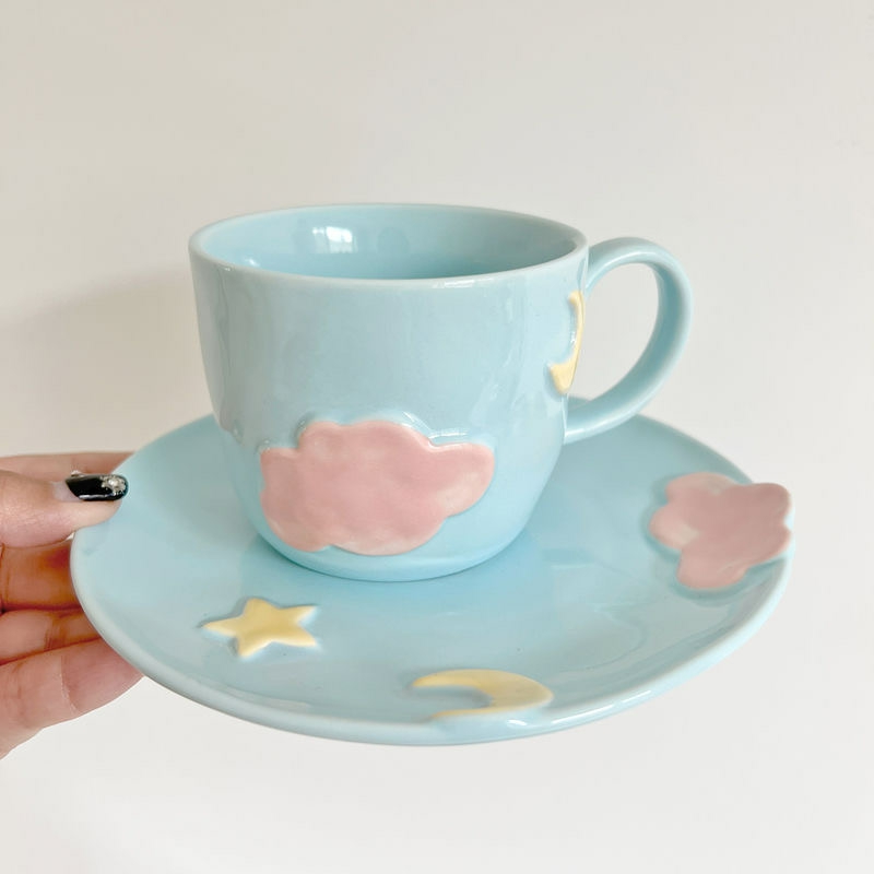 Tableware And Kitchenware | Korean-Style Niche Kawaii Girl Heart Mug Plate Stars And Clouds Underglaze Color Hand-Painted Cup Set Coffee Cup Set Housewares Tableware And Kitchenware