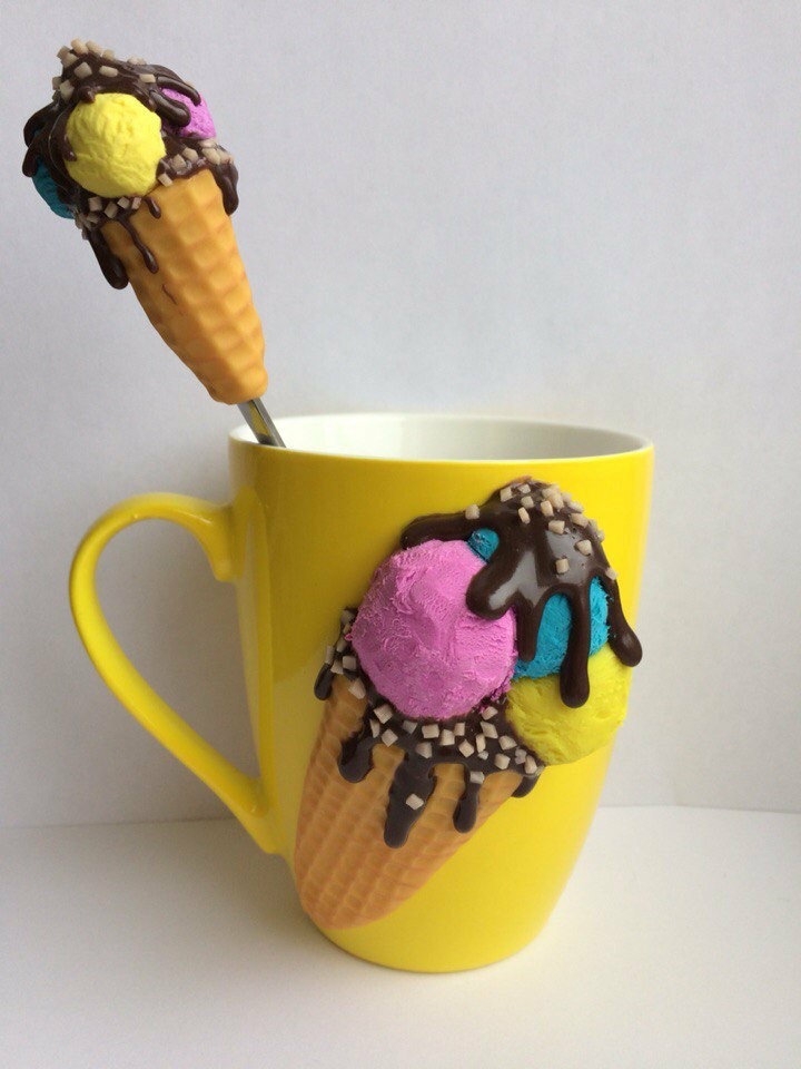 Tableware And Kitchenware | Mug Spoon With A Clay Decor Gift For Girl Tea Latte Cacao Glass Cup Dishes Handmade Decorated Mug Sweet Mug Sweet Ice Cream Yellow Cup Housewares Tableware And Kitchenware