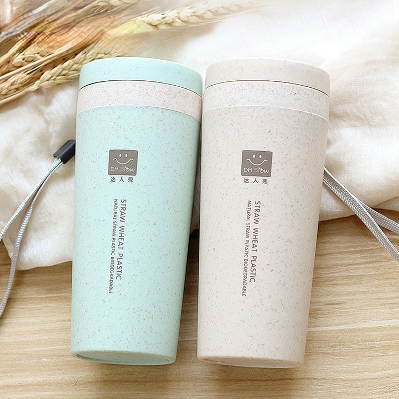 Tableware And Kitchenware | Portable 300Ml Thermos Bottle Healthy Plastic Wheat Fiber Cup Double Layer Thermal Mug Housewares Beige