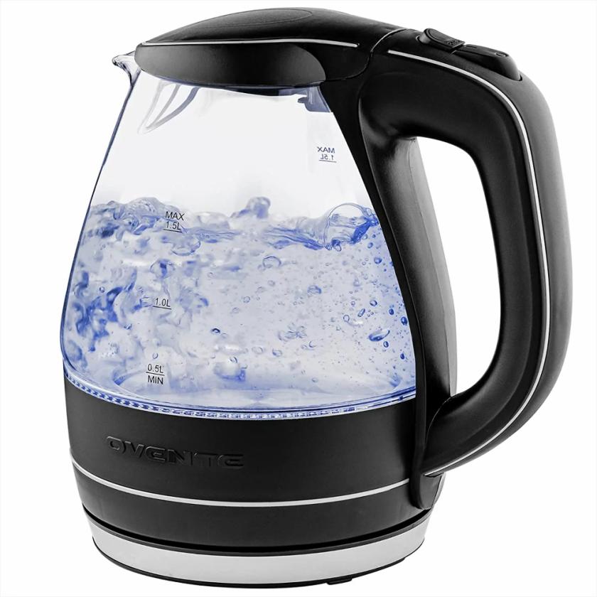 Tableware And Kitchenware | Portable Electric Glass Kettle 1.5 Liter With Blue Led Light And Stainless Steel Base, Fast Heating Countertop Housewares Black