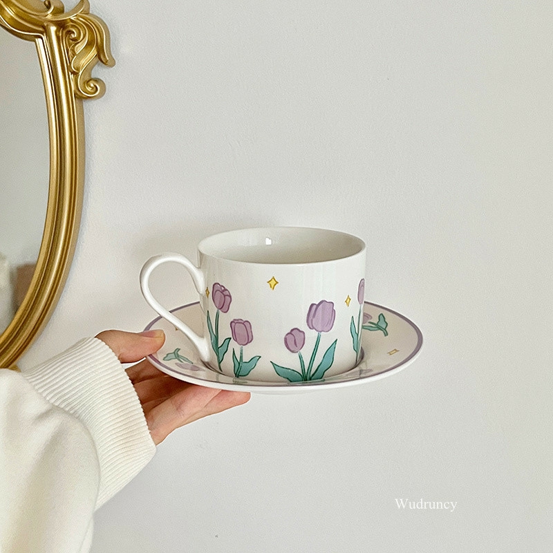 Tableware And Kitchenware | Retro Purple Tulip Coffee Cup With Saucer French Exquisite Handmade Ceramic Mug Set Afternoon Tea Set Cups Housewares Tableware And Kitchenware