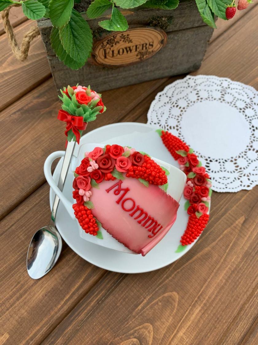 Tableware And Kitchenware | Tea Cup Gift For Mommy, Set Mug, Decorated Spoon, Mug With Flowers, A White Mug And Red Roses, A Handmade Mug, Mother’s Day. Housewares Tableware And Kitchenware