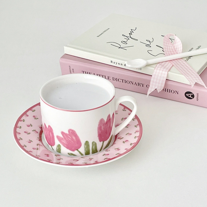 Tableware And Kitchenware | Tulip Design Korean Ins Style Pink Tulip Coffee Cup Set Ceramic Breakfast Milk Cup Kawaii Coffee Mug With Saucer Housewares Tableware And Kitchenware