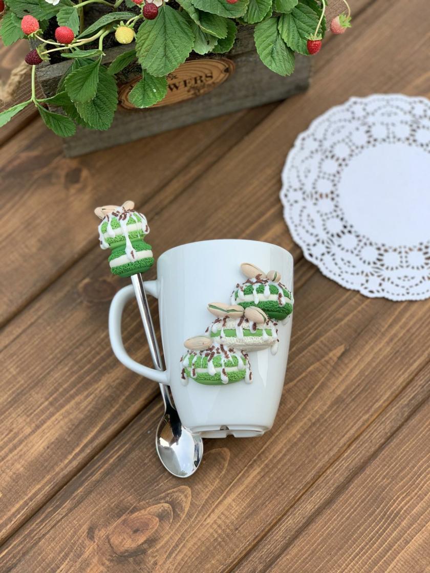 Tableware And Kitchenware | White Cup For Tea, Sweet Mug And Decor Spoon, Macaroons On The Mug, Delicious Spoon With Berries, Green Decor, Sweet Cookies. Housewares Tableware And Kitchenware