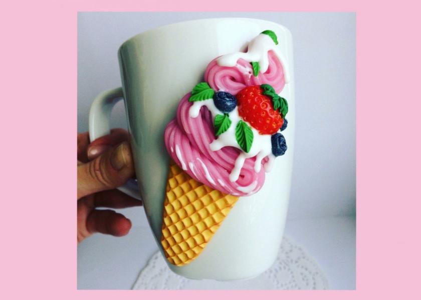 Tableware And Kitchenware | White Mug With Decor, Sweet Ice Cream With Berries. Decorated Mug As A Gift, Decorated Mug Housewares Tableware And Kitchenware