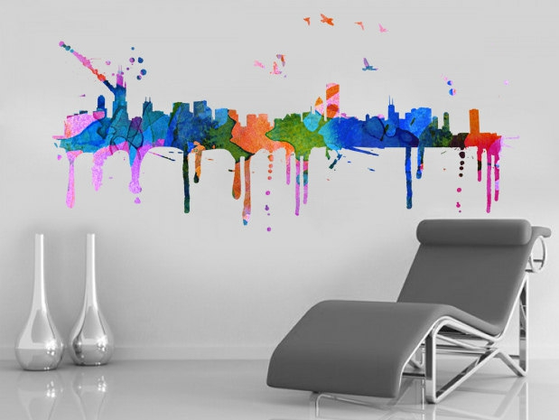 Wall Decals | Chicago Skyline Watercolor Print Art Vinyl Wall Decal For Housewares Housewares Wall Decals