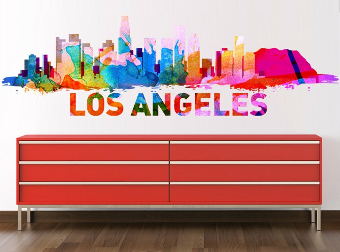 Wall Decals | Los Angeles Skyline Watercolor Decal Art Print L.A. City Sticker For Modern Homes Housewares Wall Decals