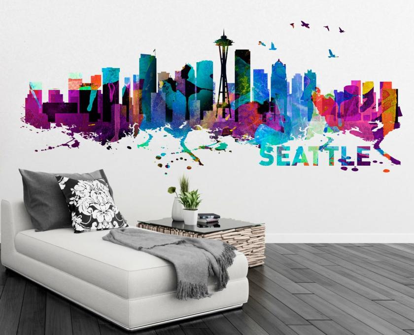 Wall Decals | Seattle Washington Skyline Watercolor Art Decal Sticker For Housewares Housewares Wall Decals