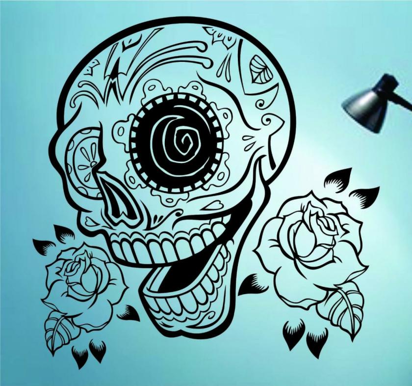 Wall Decals | Sugarskull Version 22 With Roses Wall Vinyl Decal Sticker Art Graphic Sticker Sugar Skull Housewares Wall Decals