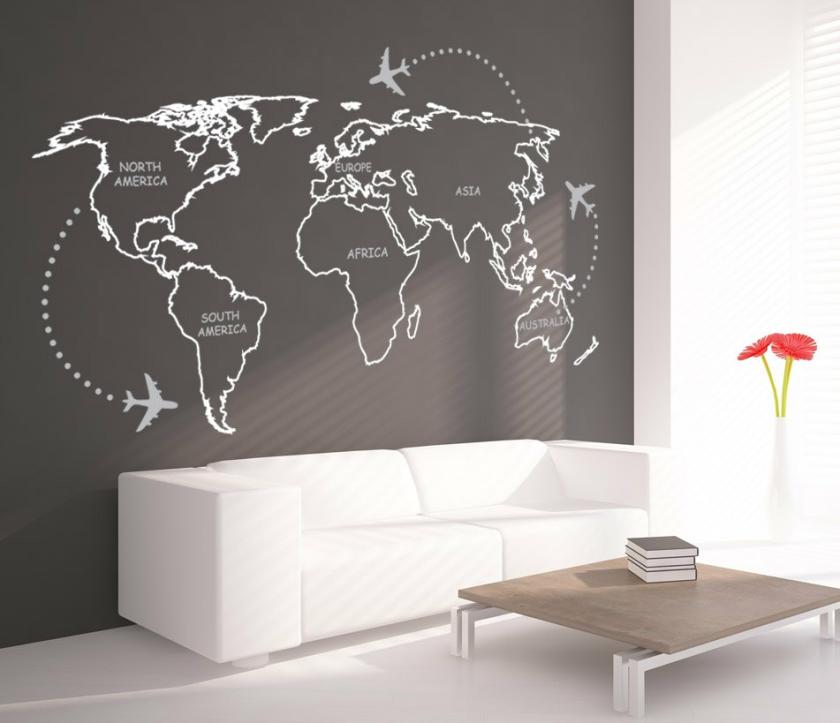 Wall Decals | World Map Outlines With Continents Decal Sticker Wall Map Decoration Housewares Wall Decals