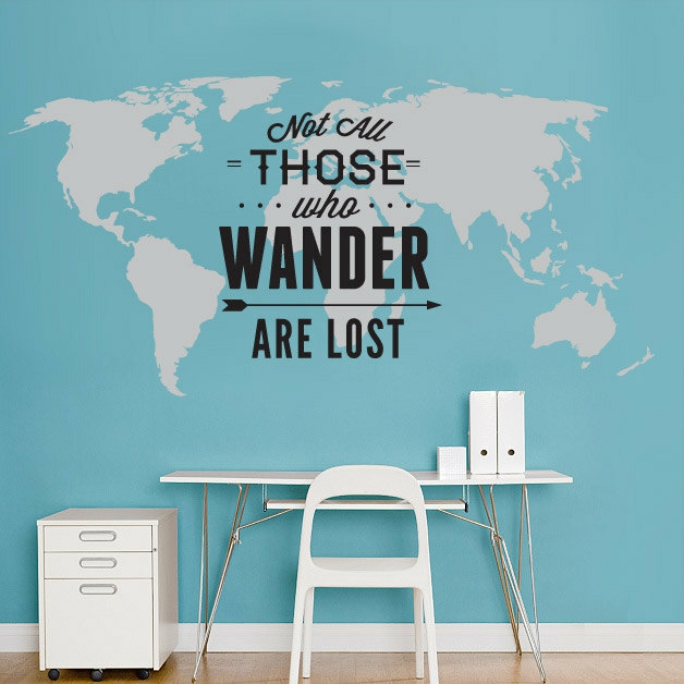 Wall Decals | World Map With Travel Quote Not All Those Who Wander Are Lost Typographic Sticker Housewares Wall Decals