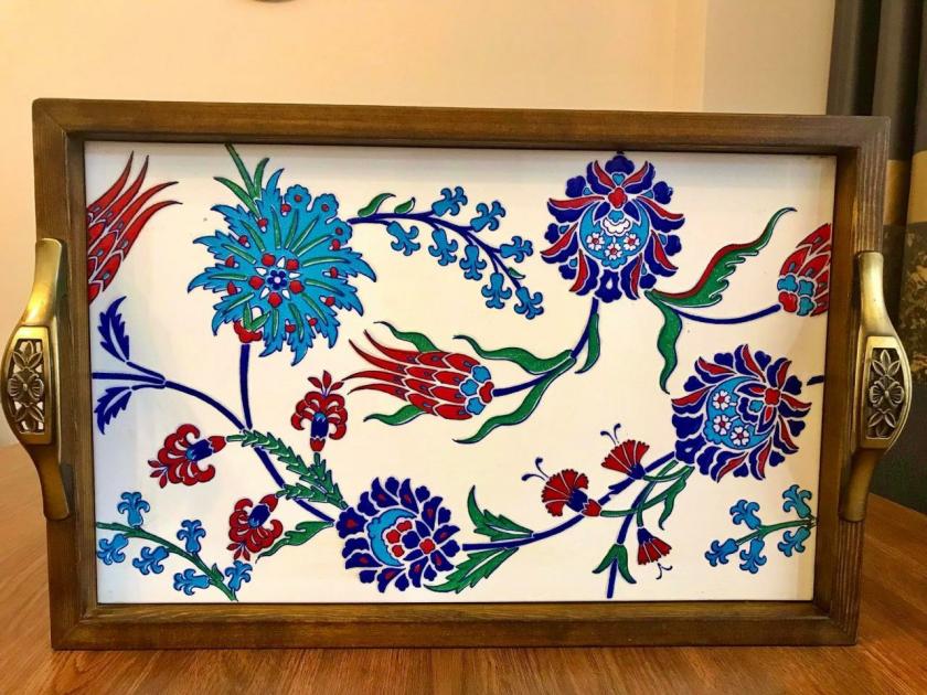 Decorative Items | Large Ceramic Heavy Wooden Tray Turkish Iznik Handmade Design Pattern-Ottoman Style Art Ceramic | Coffee Table Tray Hand Painted |Home Decor Decorative Items Decorative Items