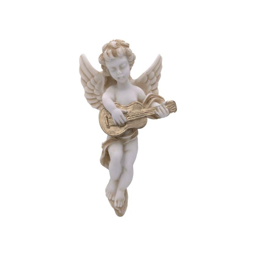 Decorative Items | Baby Angel Statue Playing Quitar – Greek Handmade Alabaster Sculpture 15Cm – 5.91" Decorative Items brown